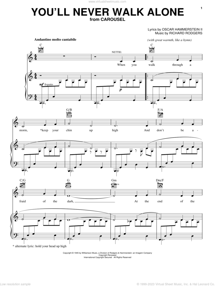 You'll Never Walk Alone (from Carousel) sheet music for voice, piano or guitar by Rodgers & Hammerstein, Carousel (Musical), Oscar II Hammerstein and Richard Rodgers, wedding score, intermediate skill level