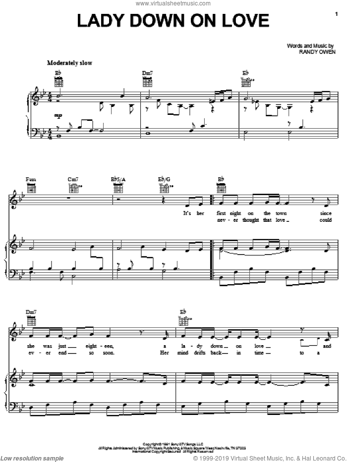 Lady Down On Love sheet music for voice, piano or guitar by Alabama and Randy Owen, intermediate skill level