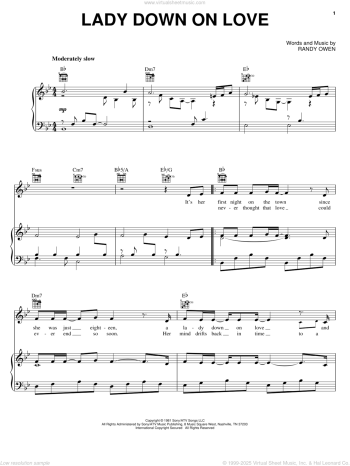 Lady Down On Love sheet music for voice, piano or guitar by Alabama and Randy Owen, intermediate skill level