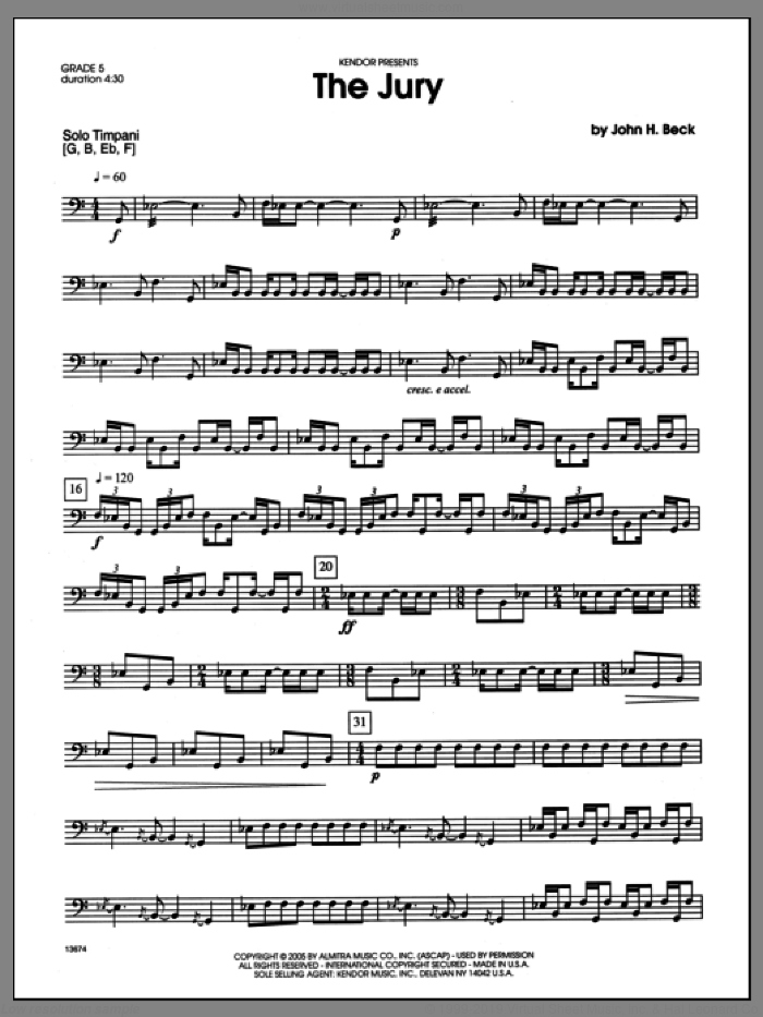 Jury, The sheet music for percussions by Beck Hansen, classical score, intermediate skill level