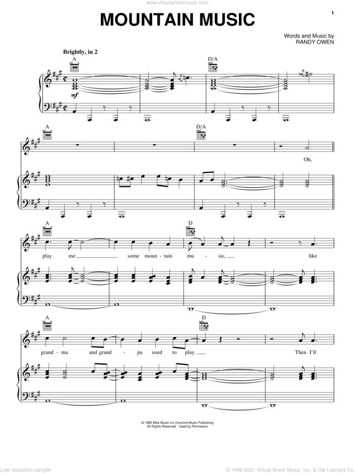 Mountain Music sheet music for voice, piano or guitar by Alabama and Randy Owen, intermediate skill level