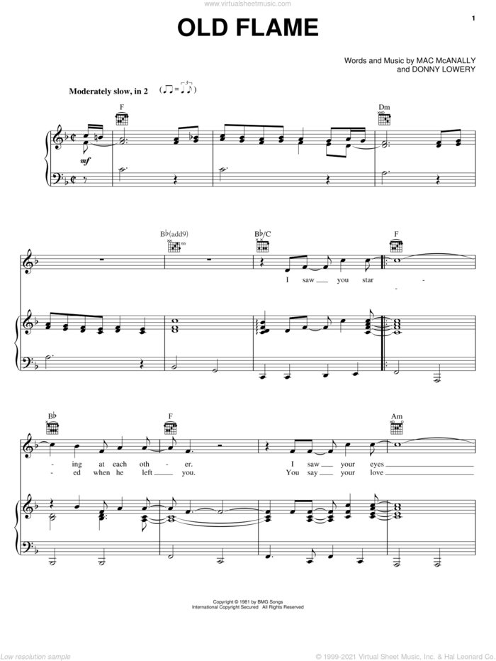 Old Flame sheet music for voice, piano or guitar by Alabama, Donny Lowery and Mac McAnally, intermediate skill level