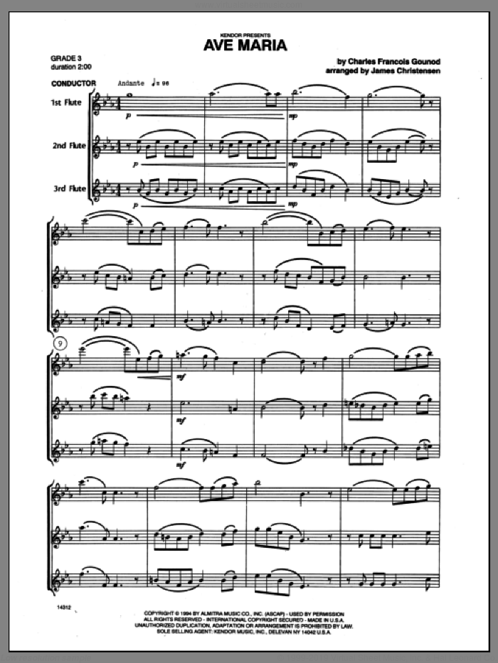 Ave Maria (COMPLETE) sheet music for flute trio by Charles Gounod and Christensen, classical score, intermediate skill level