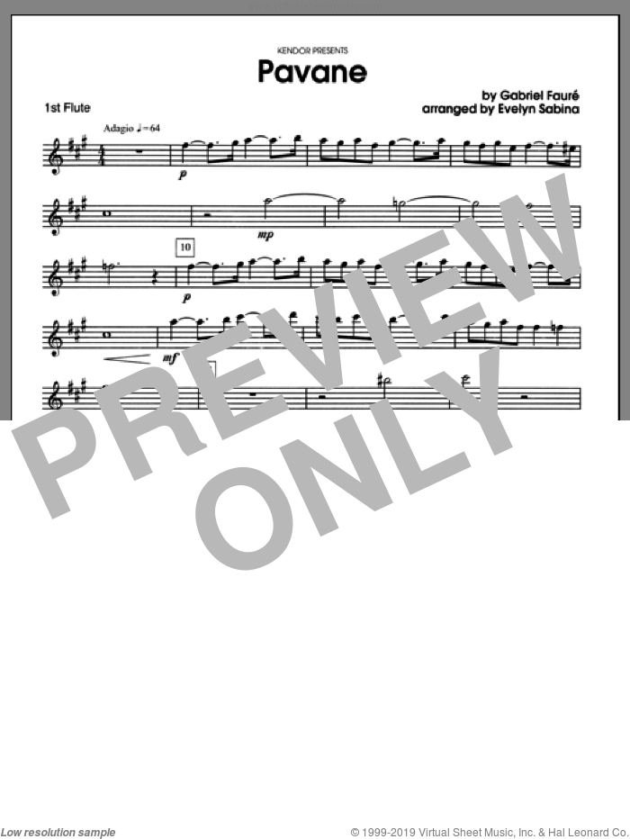 Pavane (complete set of parts) sheet music for two flutes and piano by Gabriel Faure and Evelyn Sabina, classical score, intermediate skill level