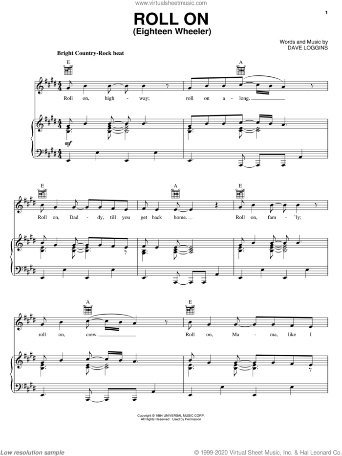 Roll On (Eighteen Wheeler) sheet music for voice, piano or guitar by Alabama and Dave Loggins, intermediate skill level
