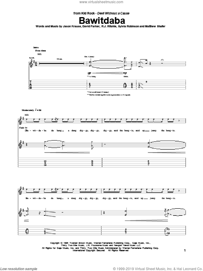 Bawitdaba sheet music for guitar (tablature) by Kid Rock, intermediate skill level