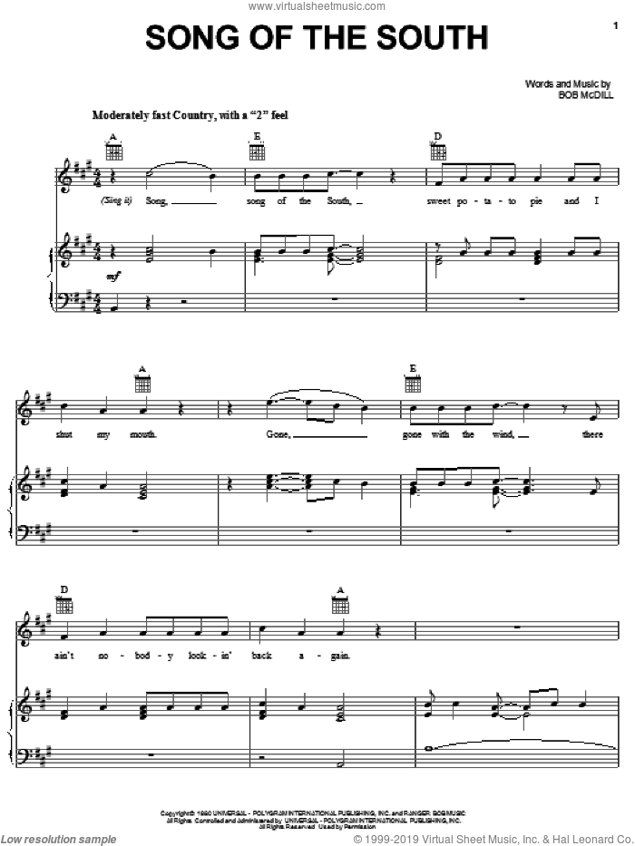 Song Of The South sheet music for voice, piano or guitar by Alabama and Bob McDill, intermediate skill level