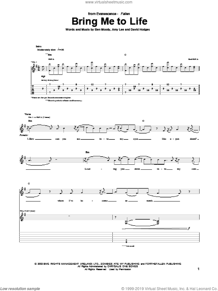 Bring Me To Life sheet music for guitar (tablature) by Evanescence, intermediate skill level