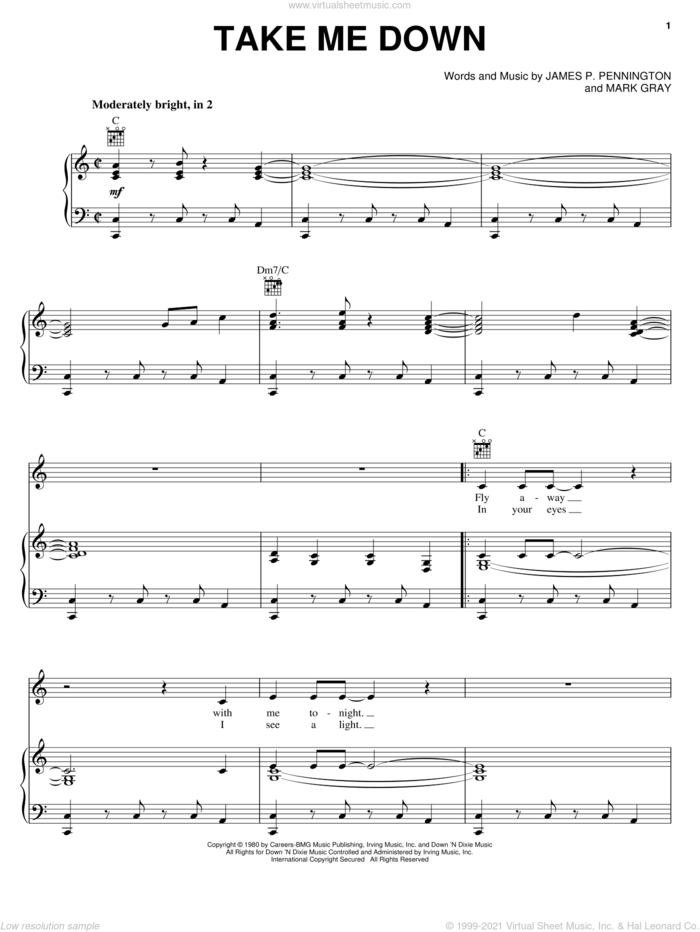 Take Me Down sheet music for voice, piano or guitar by Alabama, James P. Pennington and Mark Gray, intermediate skill level