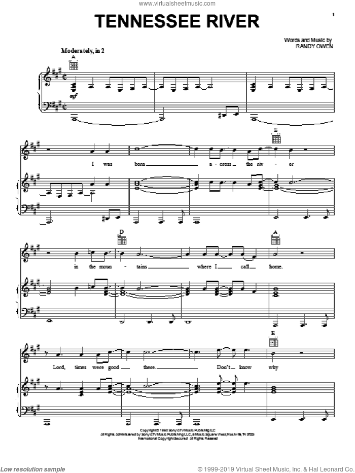 Tennessee River sheet music for voice, piano or guitar by Alabama and Randy Owen, intermediate skill level