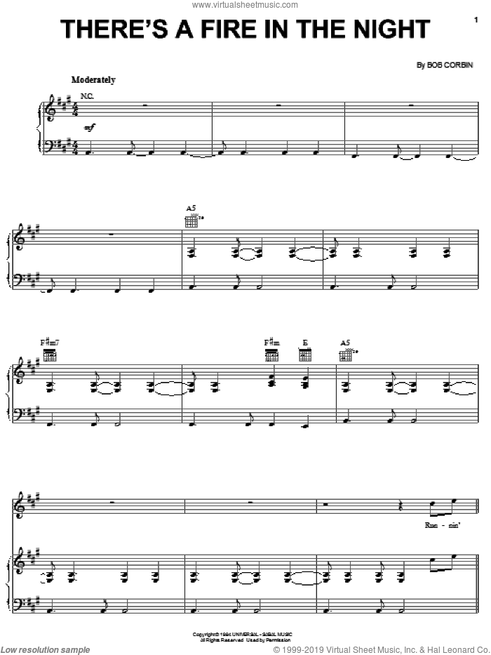 There's A Fire In The Night sheet music for voice, piano or guitar by Alabama and Bob Corbin, intermediate skill level