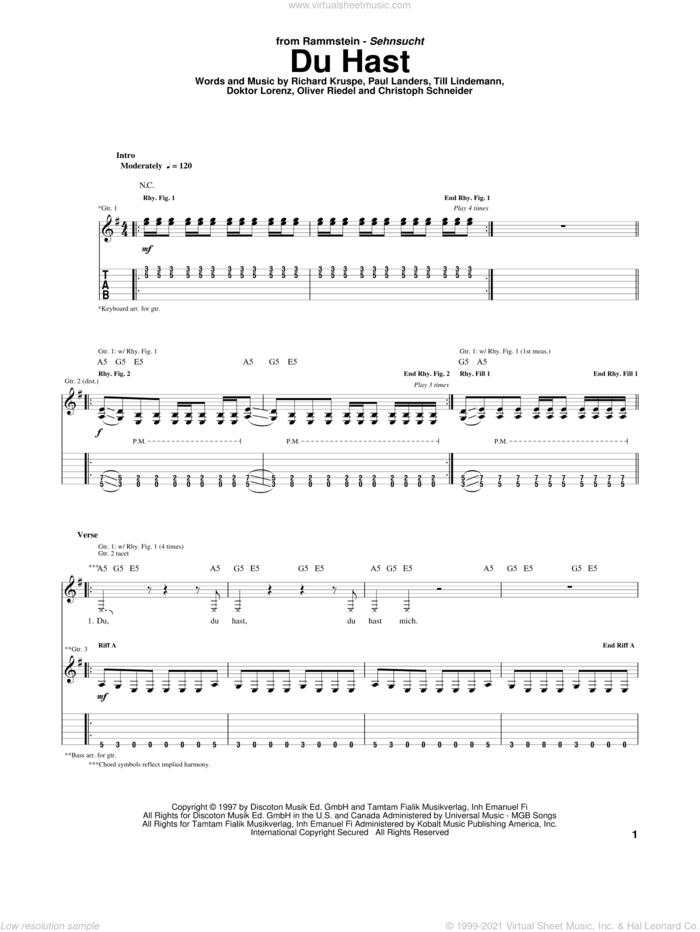 Du Hast sheet music for guitar (tablature) by Rammstein, intermediate skill level