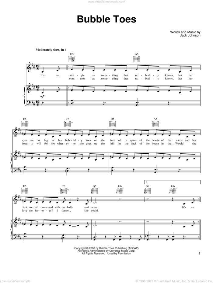 Bubble Toes sheet music for voice, piano or guitar by Jack Johnson, intermediate skill level