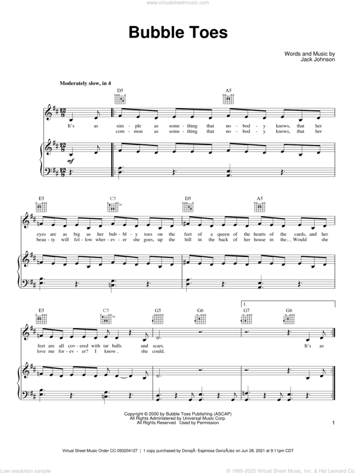 Bubble Toes sheet music for voice, piano or guitar by Jack Johnson, intermediate skill level