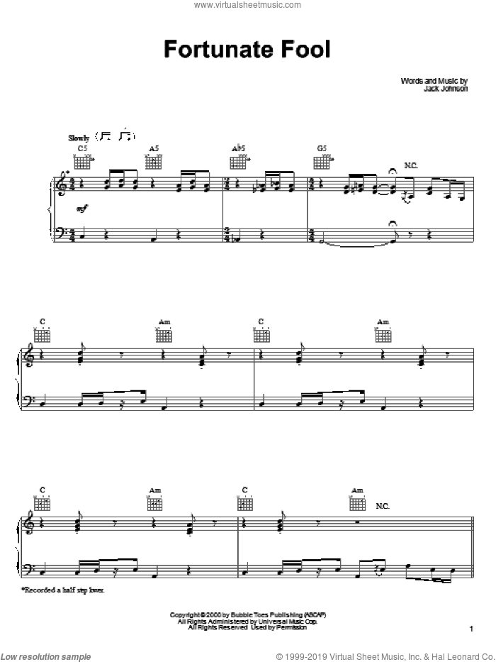 Fortunate Fool sheet music for voice, piano or guitar by Jack Johnson, intermediate skill level