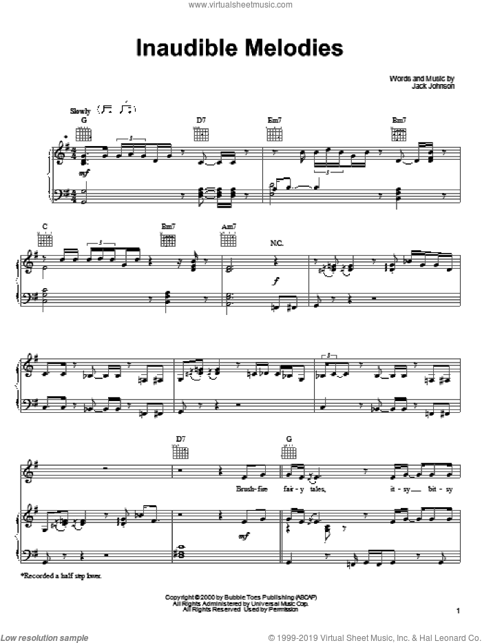 Inaudible Melodies sheet music for voice, piano or guitar by Jack Johnson, intermediate skill level