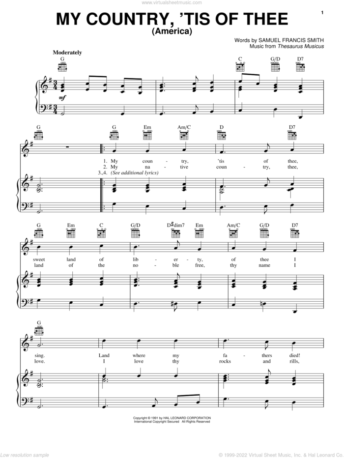 My Country, 'Tis Of Thee (America) sheet music for voice, piano or guitar by Samuel Francis Smith and Thesaurus Musicus, intermediate skill level