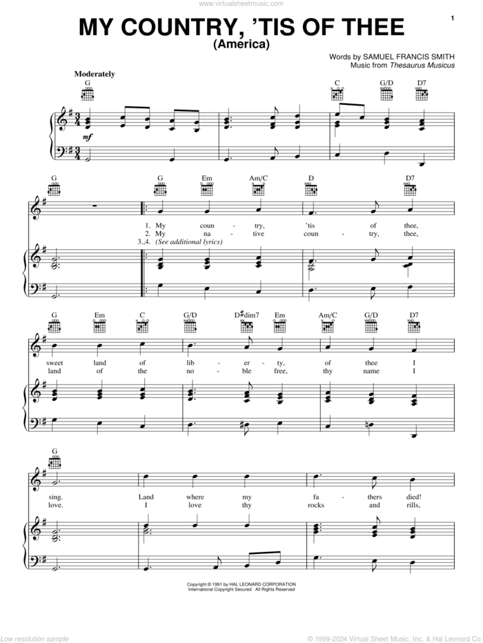 My Country, 'Tis Of Thee (America) sheet music for voice, piano or guitar by Samuel Francis Smith and Thesaurus Musicus, intermediate skill level