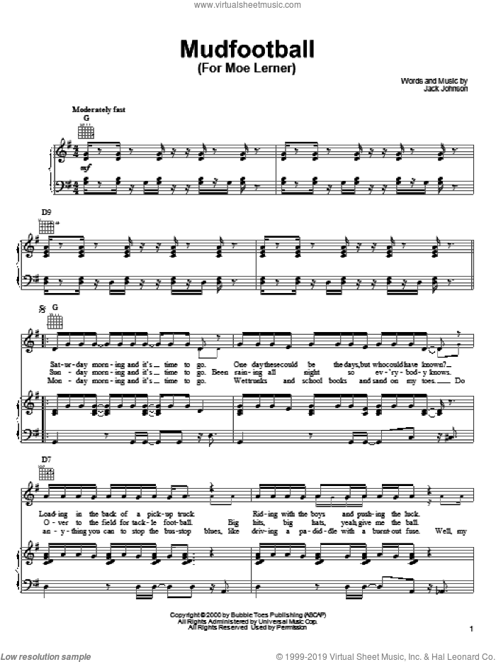 Mudfootball (For Moe Lerner) sheet music for voice, piano or guitar by Jack Johnson, intermediate skill level