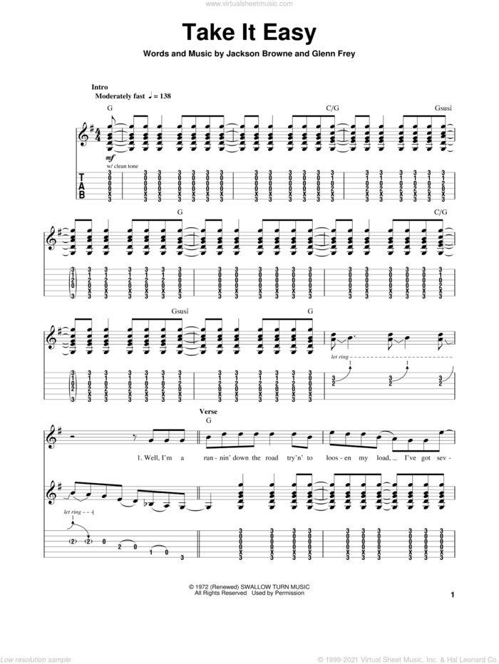 Take It Easy sheet music for guitar (tablature, play-along) by The Eagles and Jackson Browne, intermediate skill level