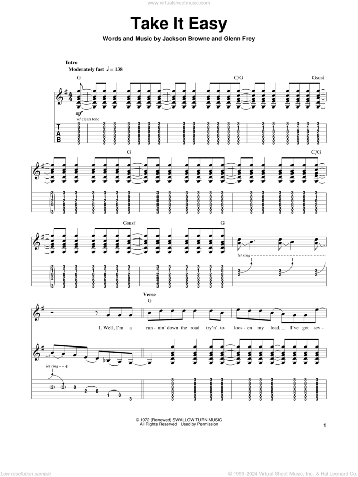 Take It Easy sheet music for guitar (tablature, play-along) by The Eagles and Jackson Browne, intermediate skill level