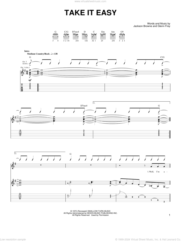 Take It Easy sheet music for guitar solo (chords) by The Eagles, Glenn Frey and Jackson Browne, easy guitar (chords)