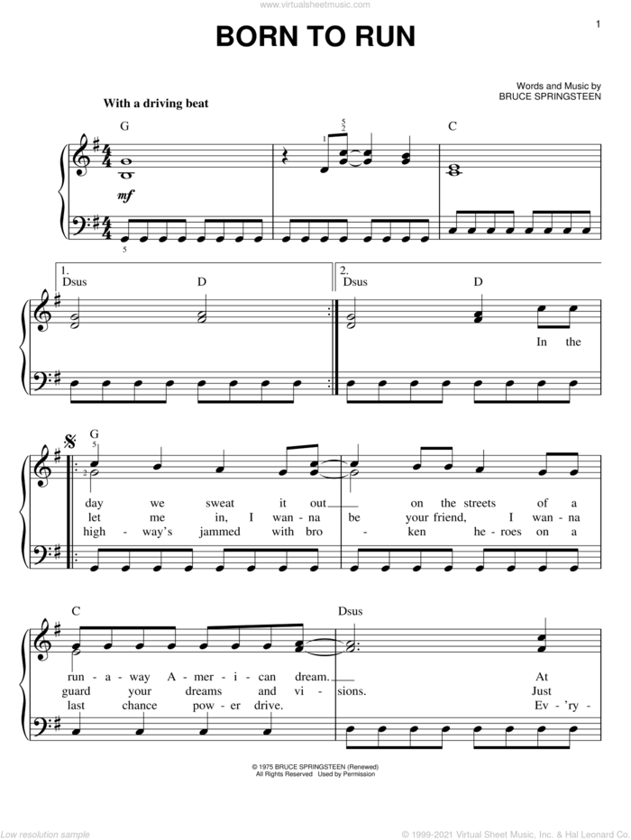 Born To Run sheet music for piano solo by Bruce Springsteen, easy skill level