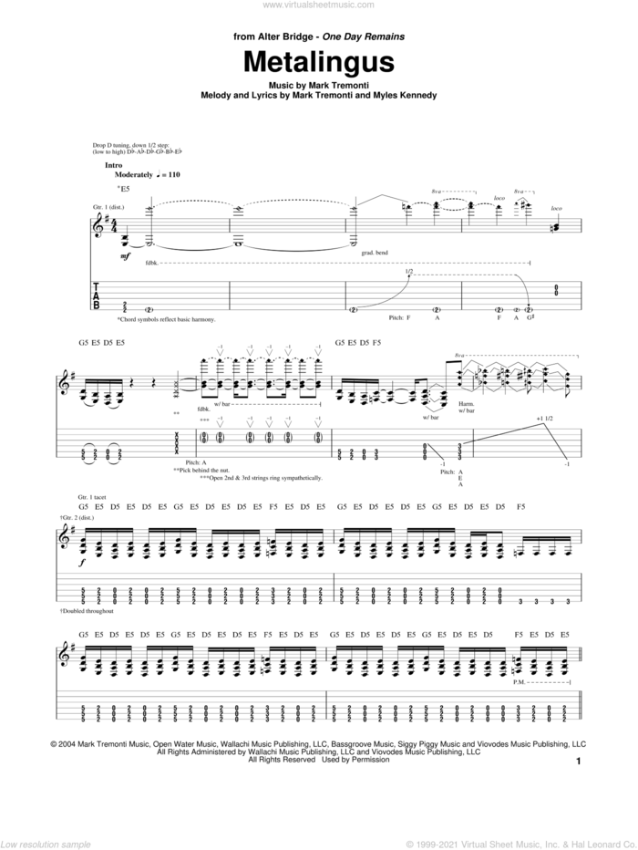 Metalingus sheet music for guitar (tablature) by Alter Bridge, intermediate skill level
