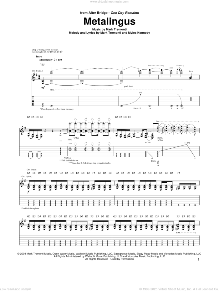 Metalingus sheet music for guitar (tablature) by Alter Bridge, intermediate skill level