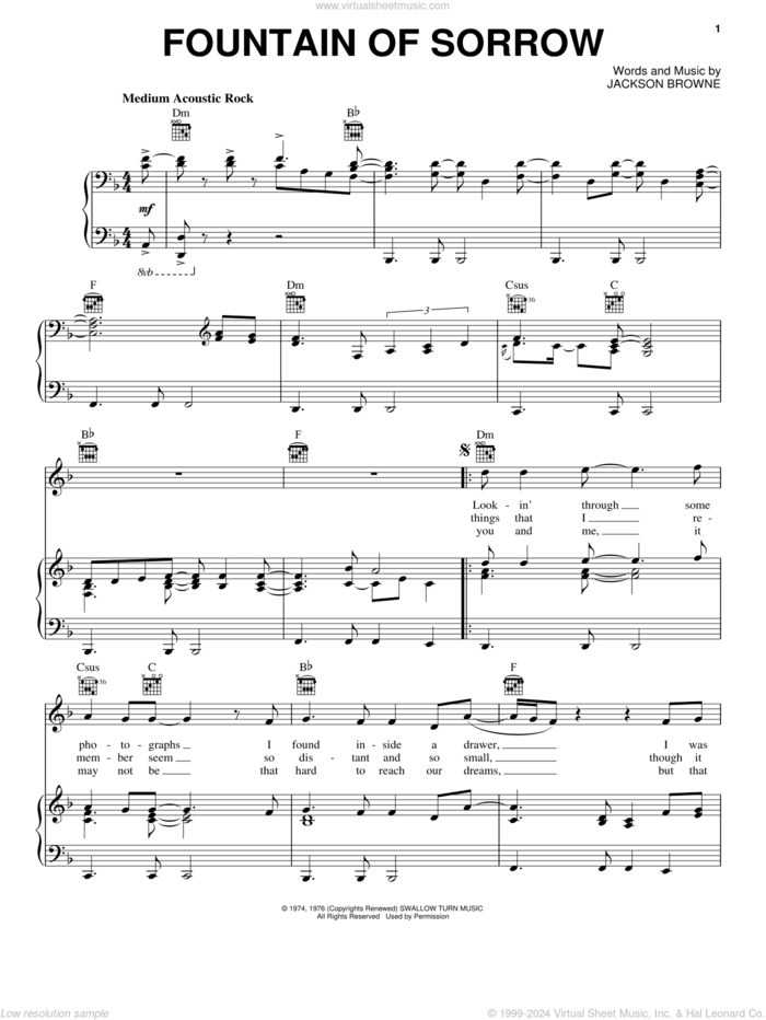 Fountain Of Sorrow sheet music for voice, piano or guitar by Jackson Browne, intermediate skill level