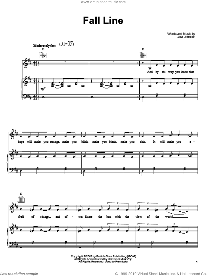 Fall Line sheet music for voice, piano or guitar by Jack Johnson, intermediate skill level