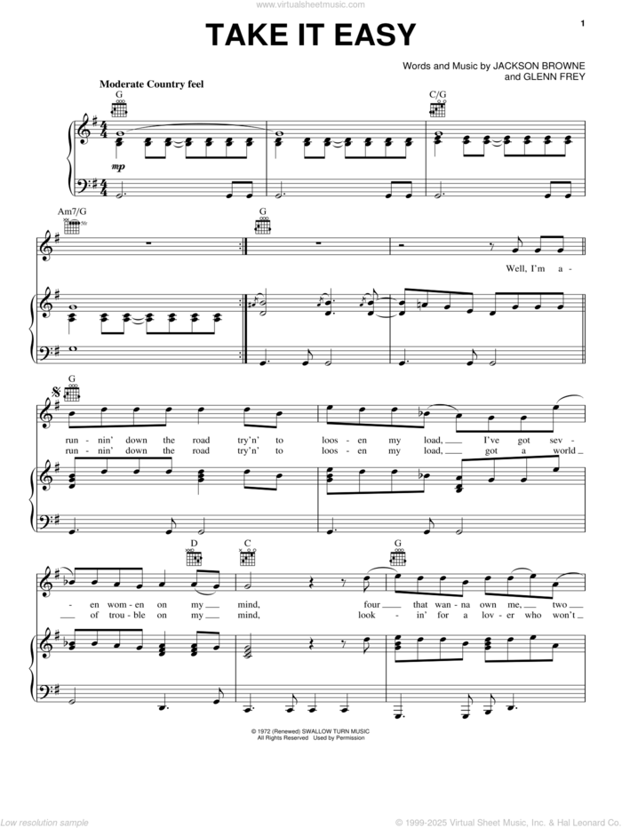 Take It Easy sheet music for voice, piano or guitar by The Eagles, Glenn Frey, Jackson Browne and Travis Tritt, intermediate skill level