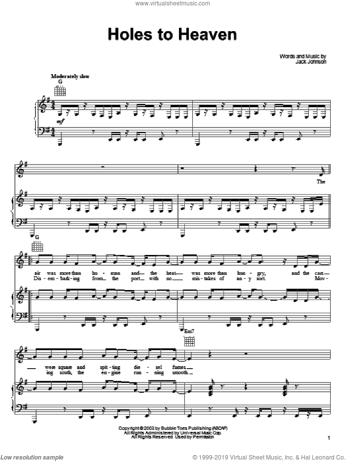 Holes To Heaven sheet music for voice, piano or guitar by Jack Johnson, intermediate skill level