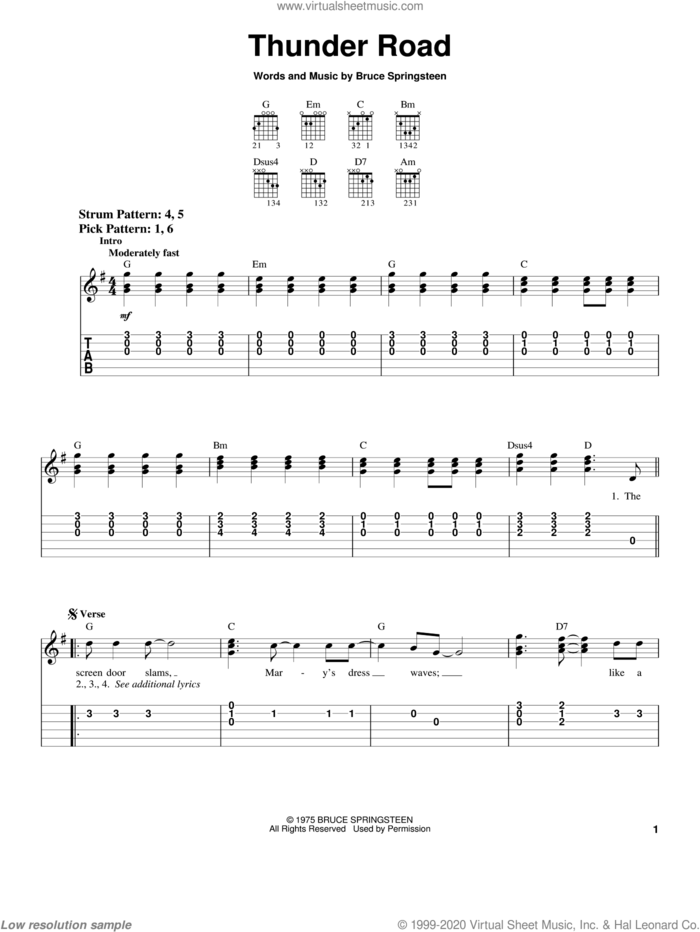 Thunder Road sheet music for guitar solo (easy tablature) by Bruce Springsteen, easy guitar (easy tablature)