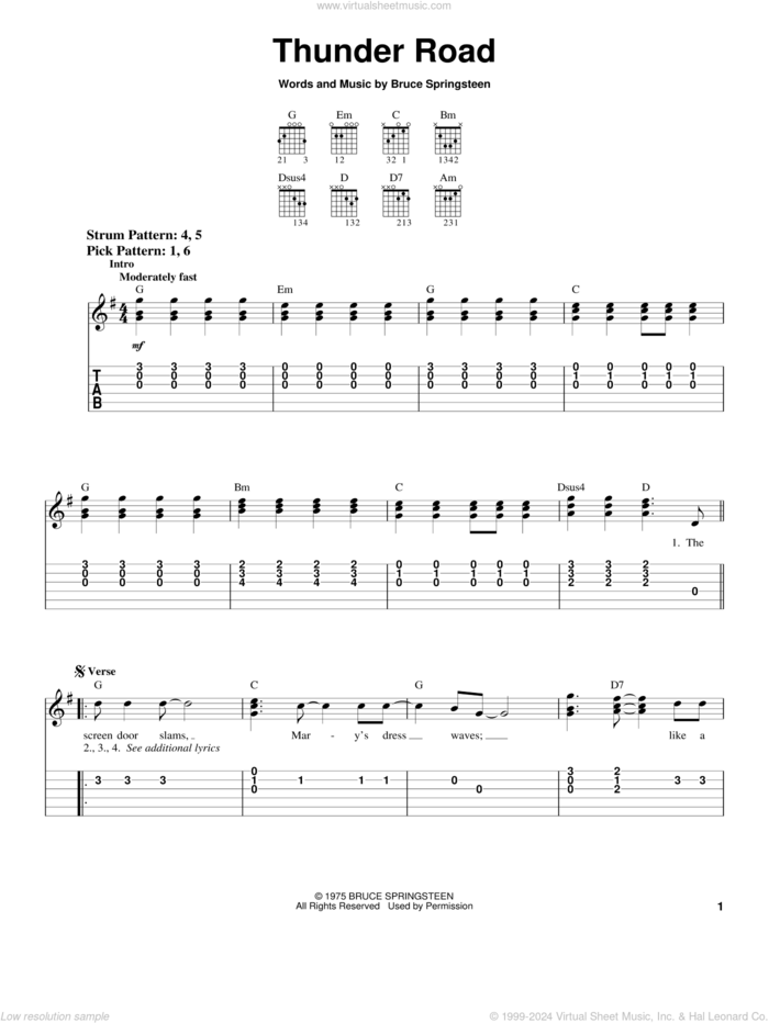 Thunder Road sheet music for guitar solo (easy tablature) by Bruce Springsteen, easy guitar (easy tablature)