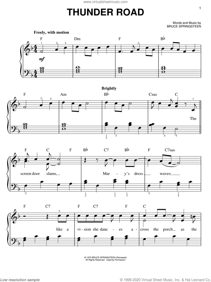 Thunder Road sheet music for piano solo by Bruce Springsteen, easy skill level