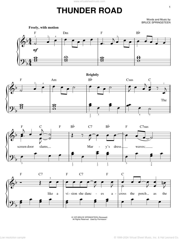 Thunder Road sheet music for piano solo by Bruce Springsteen, easy skill level