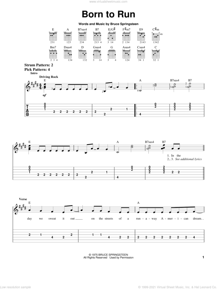 Born To Run sheet music for guitar solo (easy tablature) by Bruce Springsteen, easy guitar (easy tablature)