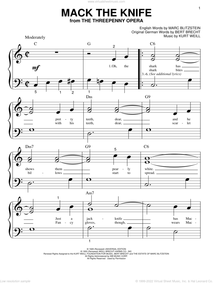 Mack The Knife sheet music for piano solo (big note book) by Bobby Darin, easy piano (big note book)