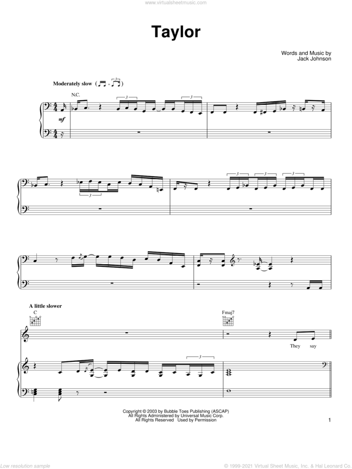 Taylor sheet music for voice, piano or guitar by Jack Johnson, intermediate skill level