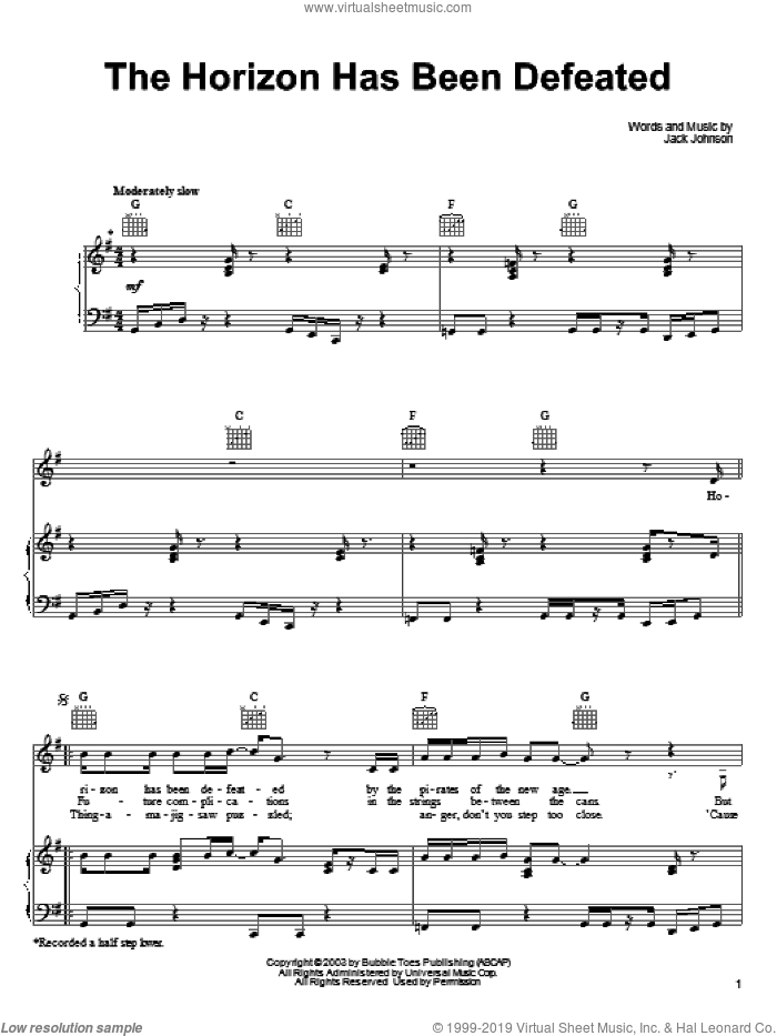The Horizon Has Been Defeated sheet music for voice, piano or guitar by Jack Johnson, intermediate skill level