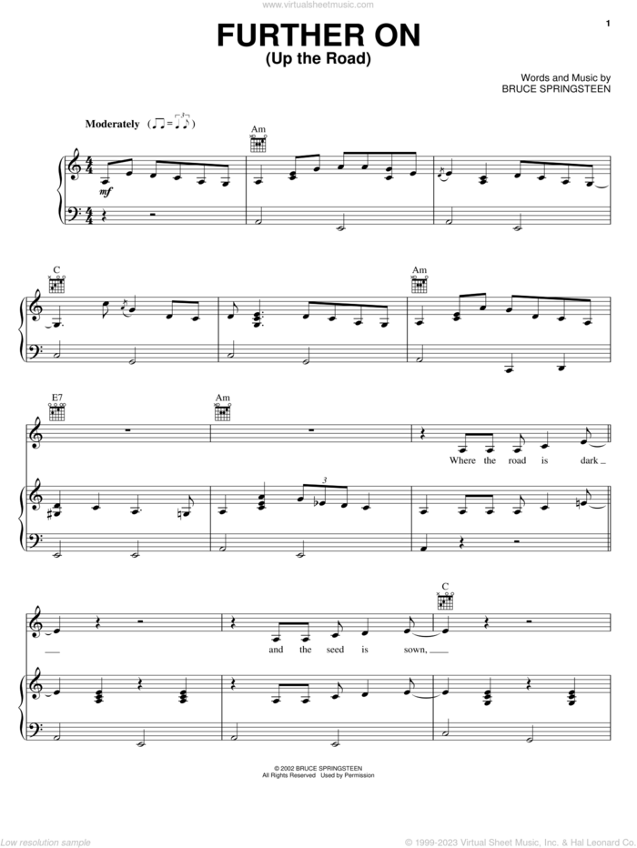 Further On (Up The Road) sheet music for voice, piano or guitar by Johnny Cash and Bruce Springsteen, intermediate skill level