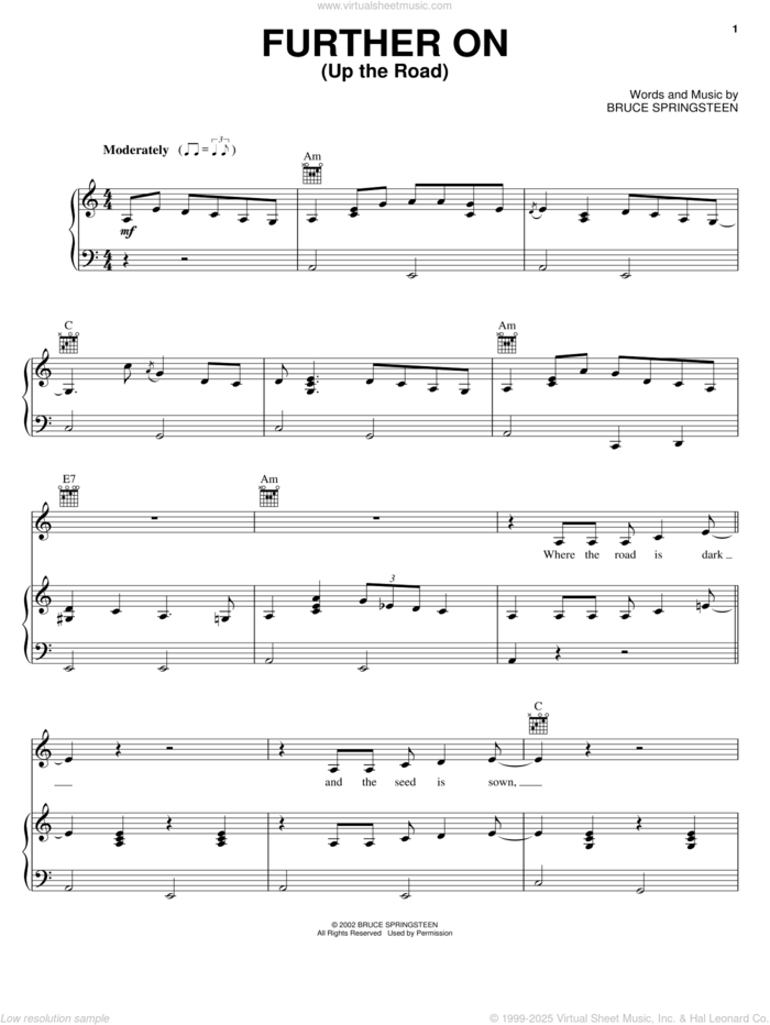 Further On (Up The Road) sheet music for voice, piano or guitar by Johnny Cash and Bruce Springsteen, intermediate skill level