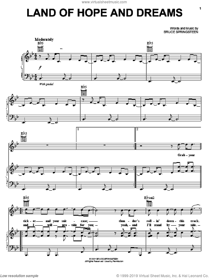 Land Of Hope And Dreams sheet music for voice, piano or guitar by Bruce Springsteen, intermediate skill level