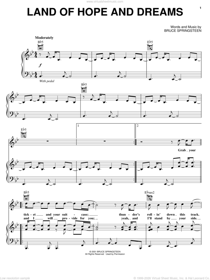 Land Of Hope And Dreams sheet music for voice, piano or guitar by Bruce Springsteen, intermediate skill level