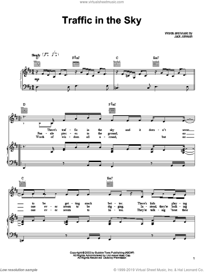 Traffic In The Sky sheet music for voice, piano or guitar by Jack Johnson, intermediate skill level