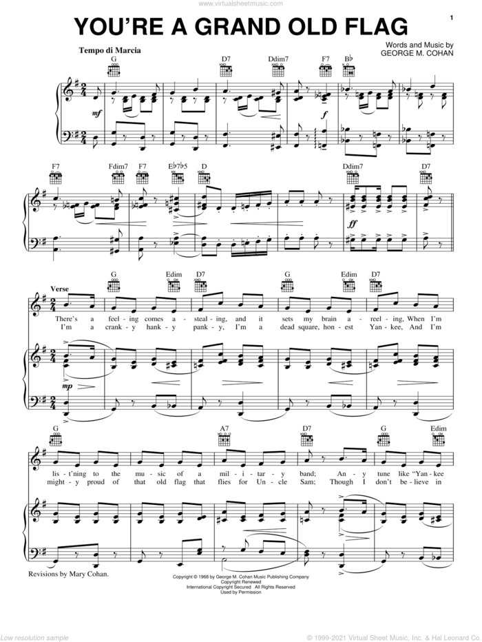 You're A Grand Old Flag sheet music for voice, piano or guitar by George M. Cohan and George Cohan, intermediate skill level