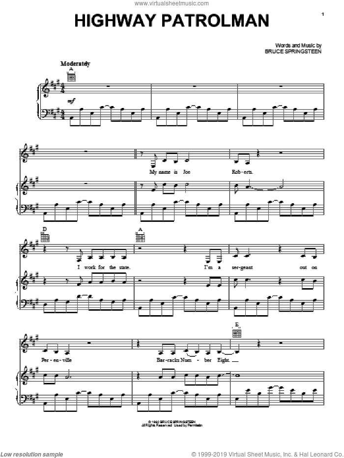 Highway Patrolman sheet music for voice, piano or guitar by Johnny Cash and Bruce Springsteen, intermediate skill level