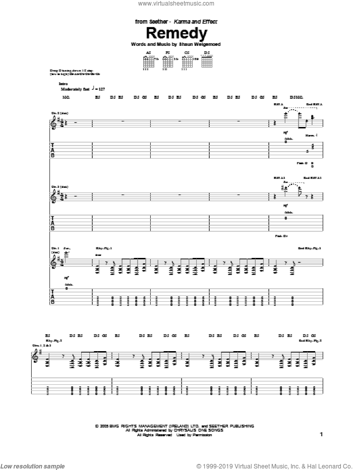 Remedy sheet music for guitar (tablature) by Seether, intermediate skill level