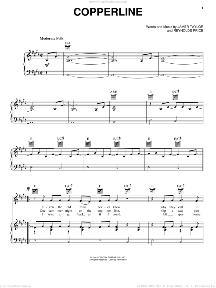 Copperline sheet music for voice, piano or guitar by James Taylor and Reynolds Price, intermediate skill level